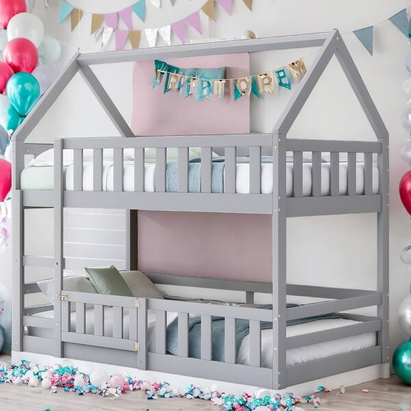 slide 2 of 10, Twin over Twin House Bunk Bed with Fence and Door, Gray Gray - Twin
