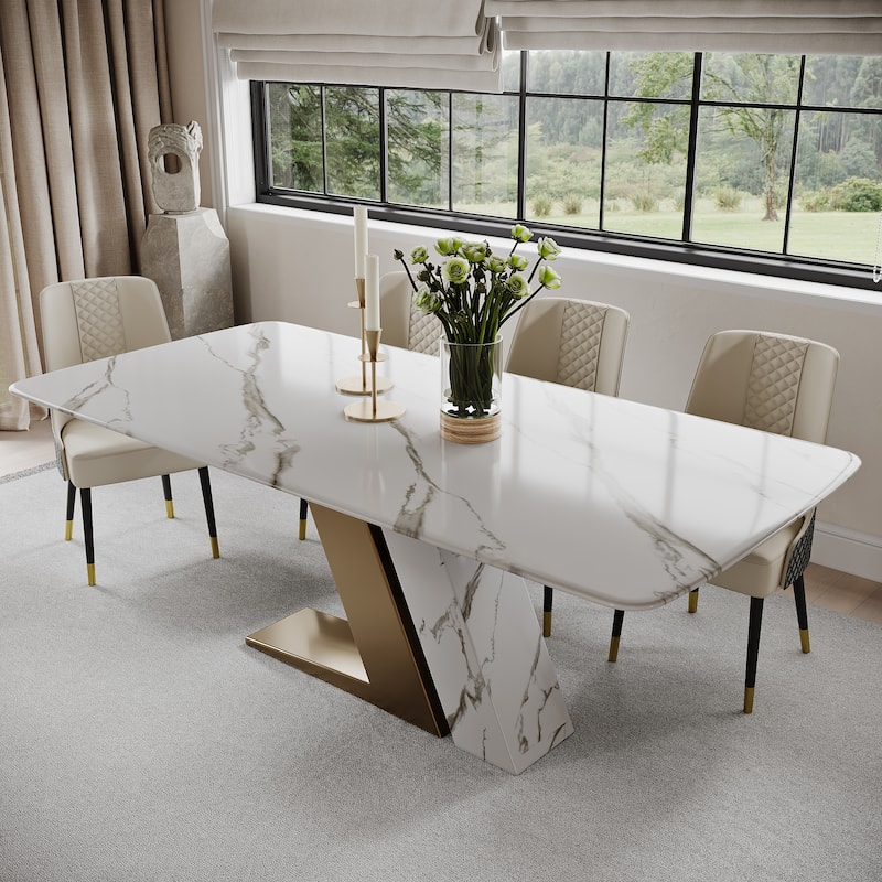 Modern Luxury White Rectangular Dining Table with Glossy Sintered Stone Tabletop, White Z-shaped Stainless Steel Base - 70.87" - White&Gold