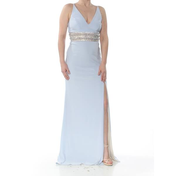 Shop Xscape Womens Light Blue Beaded Plunge Gown Sleeveless V Neck