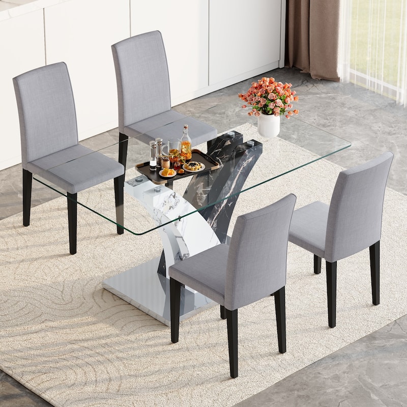 Stylish Dining Table and Chair Set, Modern Rectangular Glass Table with Upholstered Linen Chairs for Kitchen, Dining Room