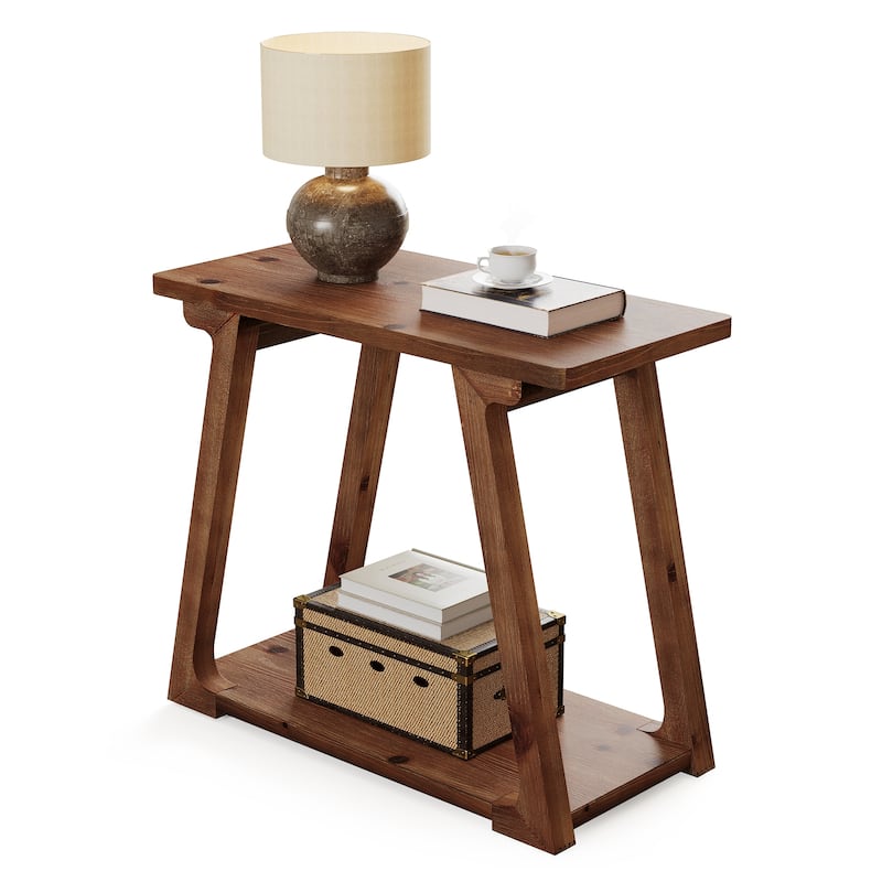 Narrow Side Table Solid, Wood End Table with 2-Tier Storages