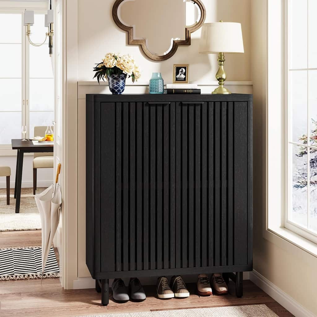 33" Modern Black Wooden 6-Tier Shoe Cabinet with Louvered Doors