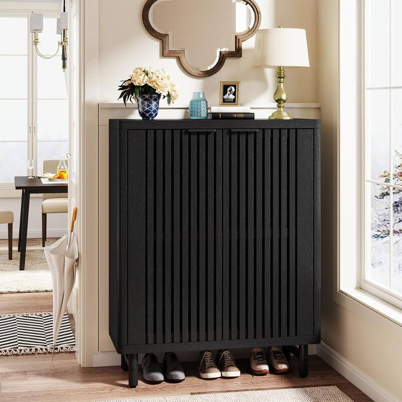 33" Modern Black Wooden 6-Tier Shoe Cabinet with Louvered Doors