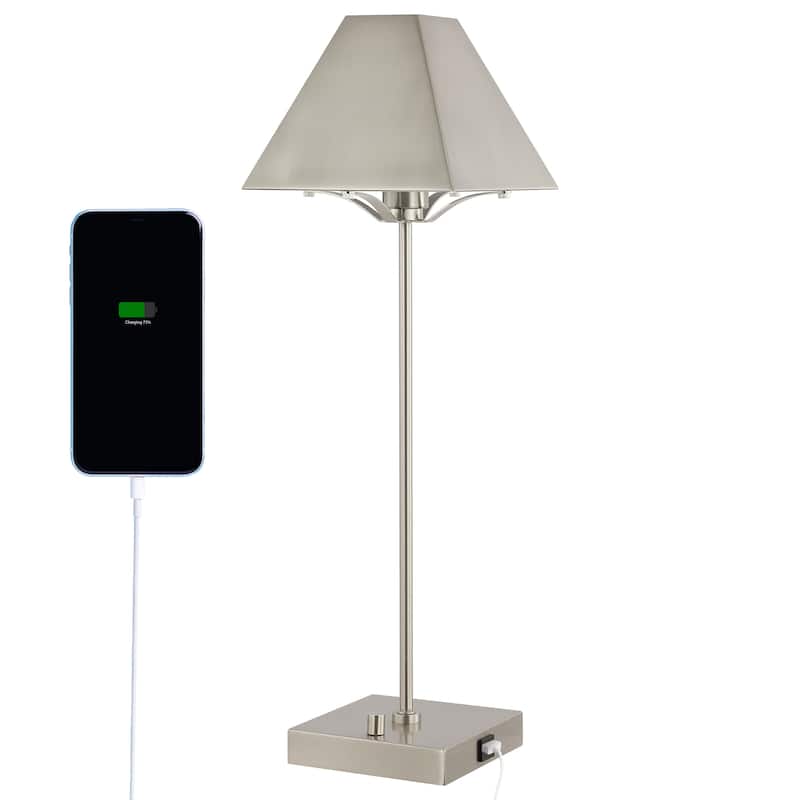 Houston 25" Industrial Style Iron Pyramid Bedside LED Table Lamp with USB Charging Port, Nickel by JONATHAN Y