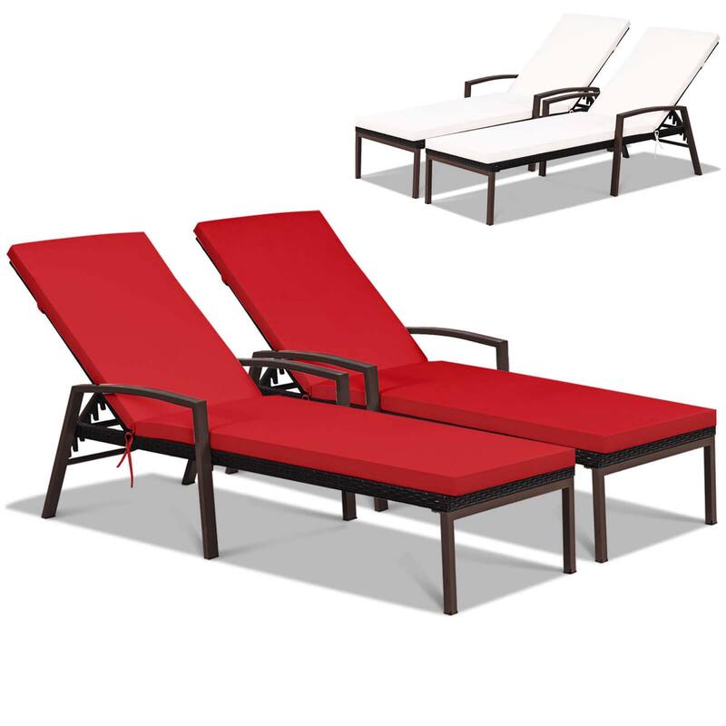 2 PCS Patio Rattan Chaise Lounge Chairs w/ 2 color Cushion Cover - Red+White