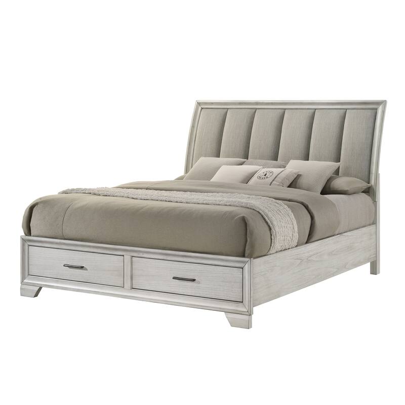 Queen Storage Platform Bed with Upholstered Headboard and Storage Drawers in White Mist - Antique White