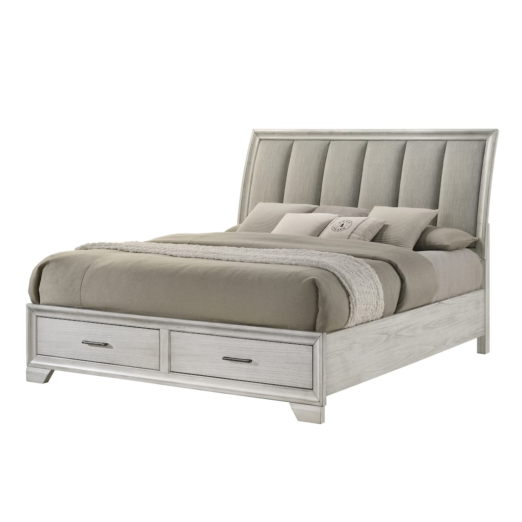 Queen Storage Platform Bed with Upholstered Headboard and Storage Drawers in White Mist