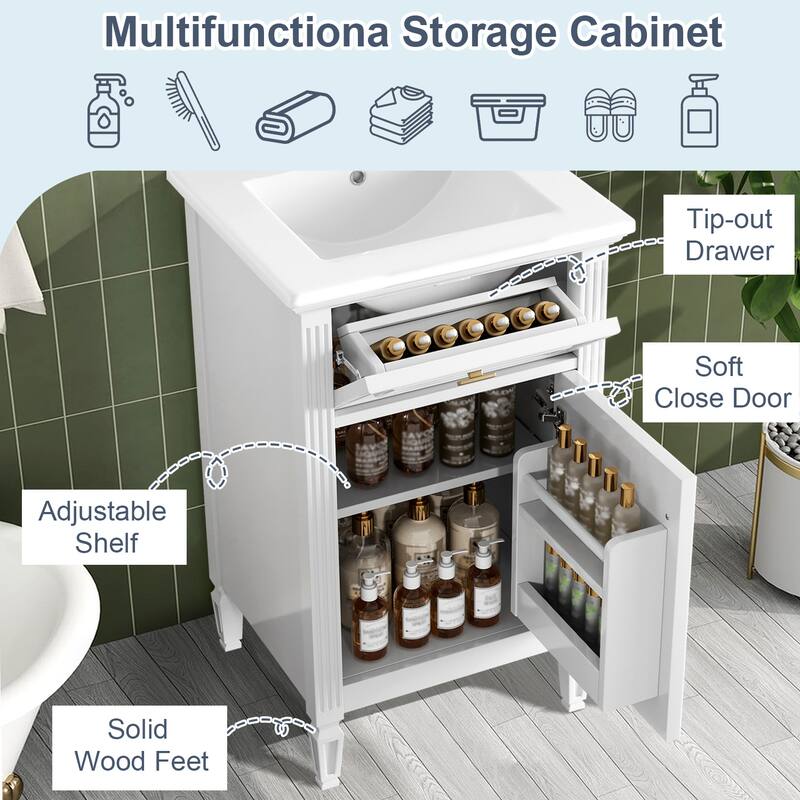 20" Bathroom Freestanding Vanity with Ceramic Sink,Solid Wood Legs,Adjustable Shelf,Tilt-Out Drawer