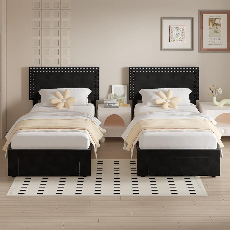 VECELO Set of 2 Twin Beds with Rolling Underbed Drawer Height Adjustable Headboard Rivet-Trimmed Headboard Twin Beds - Black