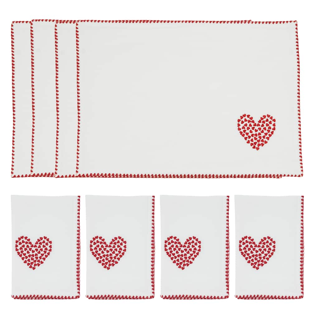 Embroidered Heart Scatter Placemats & Napkins (Set of 8) - Red Mini Heart Table Linens with Scalloped Trim, 13"x19" / 18"x18"