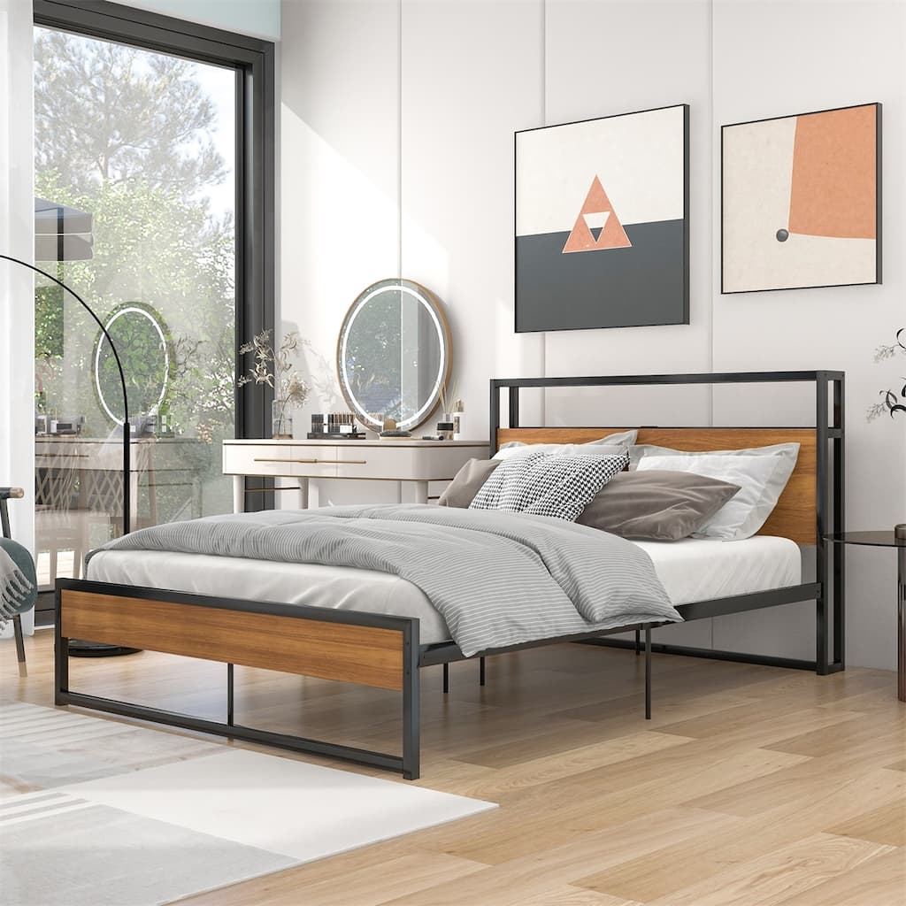 Merax Queen/Full Metal Platform Bed Frame with Sockets, USB Ports