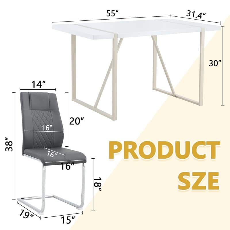 5-Piece Cream White MDF Dining Table Set, with 4 Chairs, Silver Metal Legs, Kitchen Dining Room Set