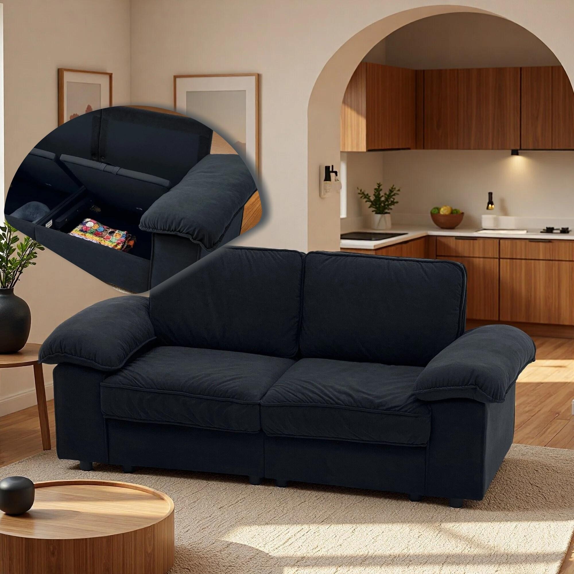 Velvet Loveseat Sofa with Storage Seat, Upholstered Couch Lounge Chair with Pillow Arm Accent Settee for Living, Apartment