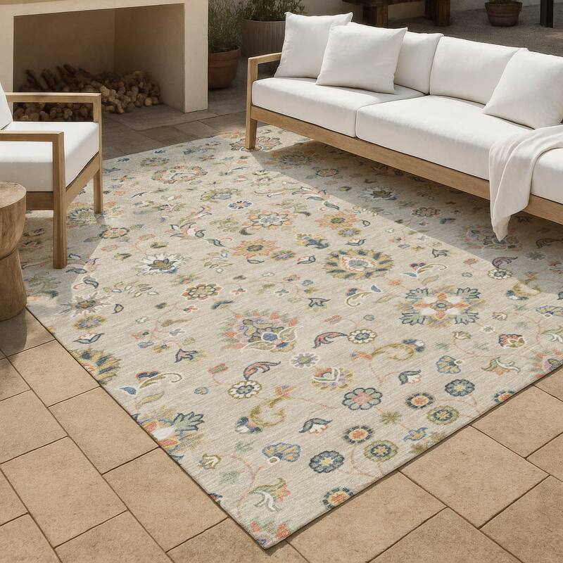 Machine Washable Indoor/ Outdoor Traditional Basalt Chantille Rug - Beige - 5' x 7'6"