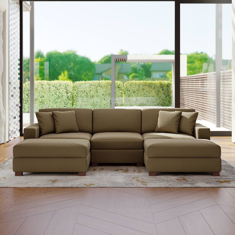 Modular Corduroy Sectional Sofa Set Chaise Couch with Ottoman