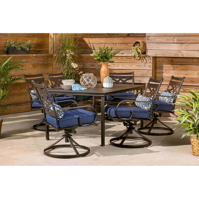 Hanover Montclair 7-Piece Dining Set in Navy Blue with 6 Swivel Rockers - N/A