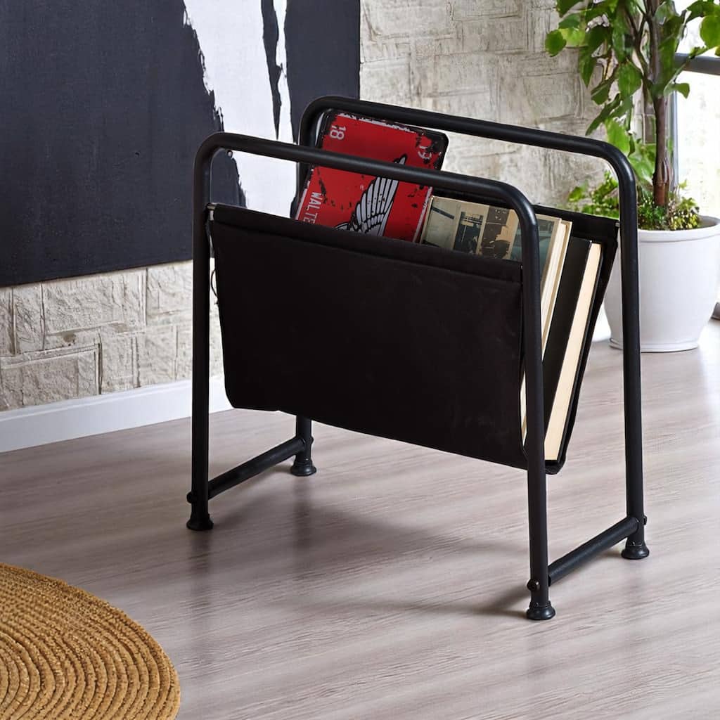 Eren Matte Black Metal Frame Leatherette Sling Magazine Holder for Living Rooms, Home Offices