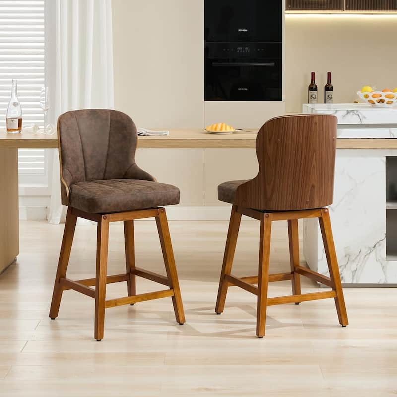 XINMICS 26 Inches Counter Height Bar Stools, Swivel PU Leather Bar Stools with Bentwood Backs, Set of 2/3 - N/A - Set of 2 - Brown