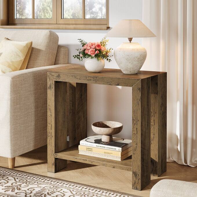 23.62'' Rustic Side Table, Wooden End Table, Night Stand with Shelf