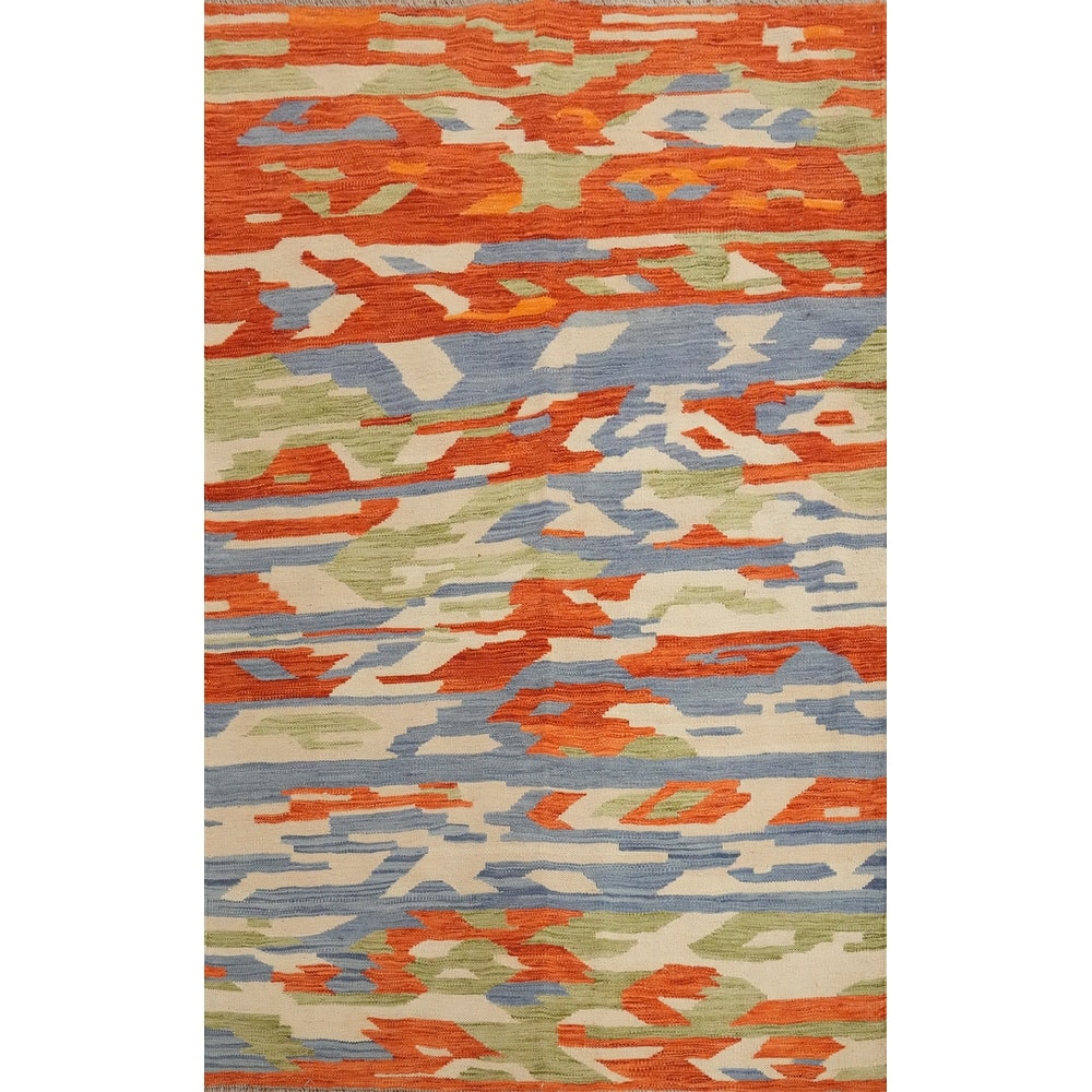 Hand Woven Oriental 100% Wool Carpet Southwestern Modern Multi-Colored Kilim Area Rug - 5' 10'' X 4' 0''