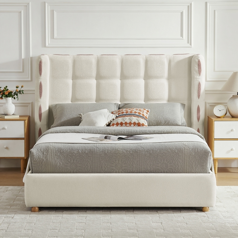 Chenille Upholstered Wingback Waffle Platform Bed with Large Under Bed Storage