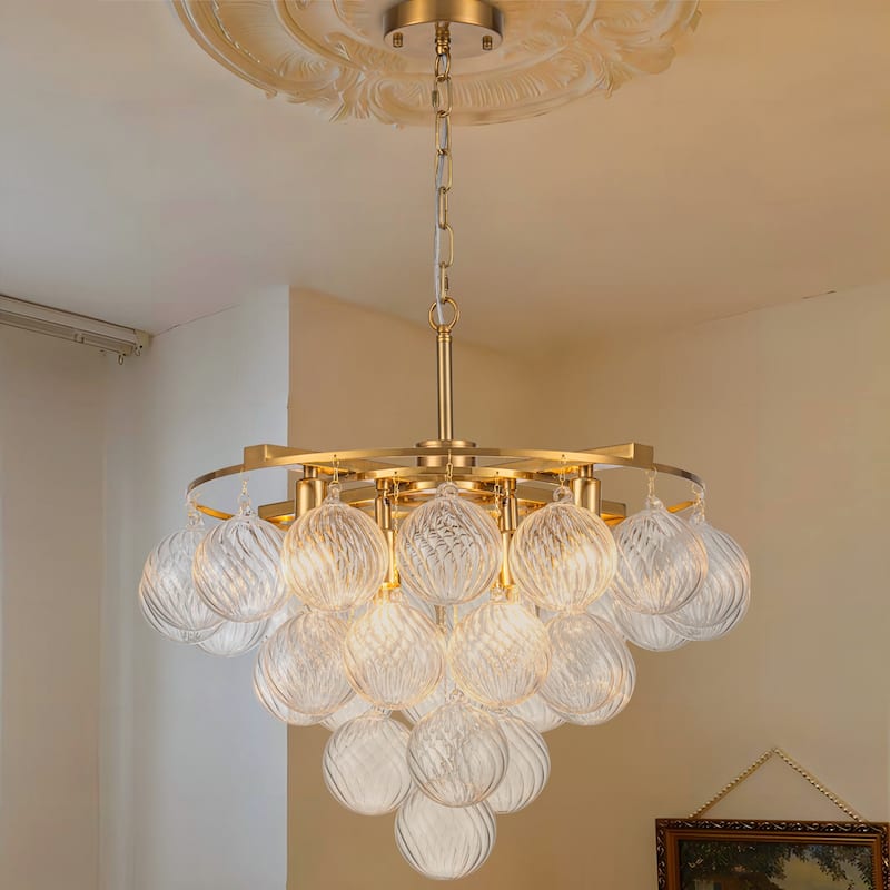Starsky 8- Light 23in. Modern Glam Cluster Glass Bubble Chandelier with 28 Swirled Glass Globe Bubble - Swirled Glass - Gold