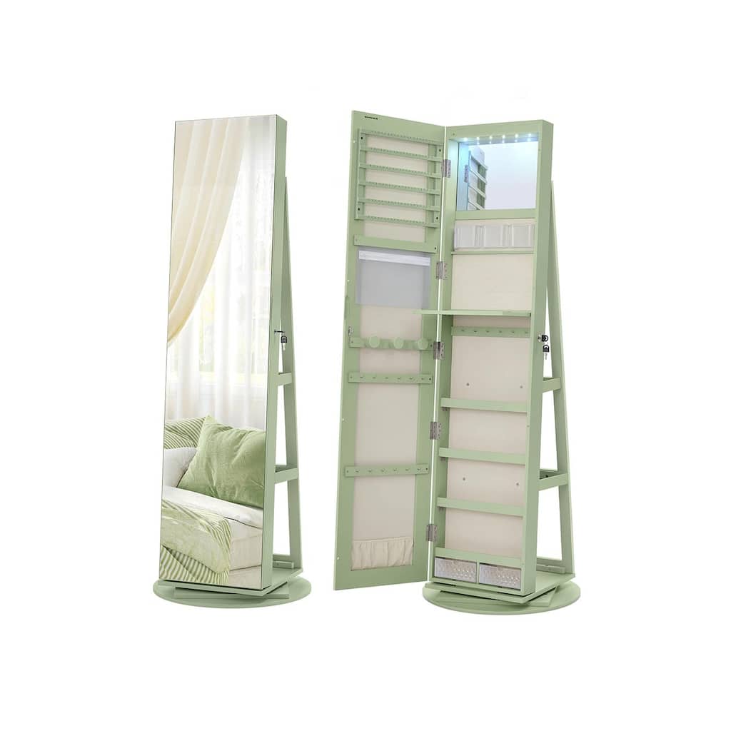 6 LEDs Lockable Mirror Jewelry Cabinet Laurel Green Surface Cream White Lining - Multi