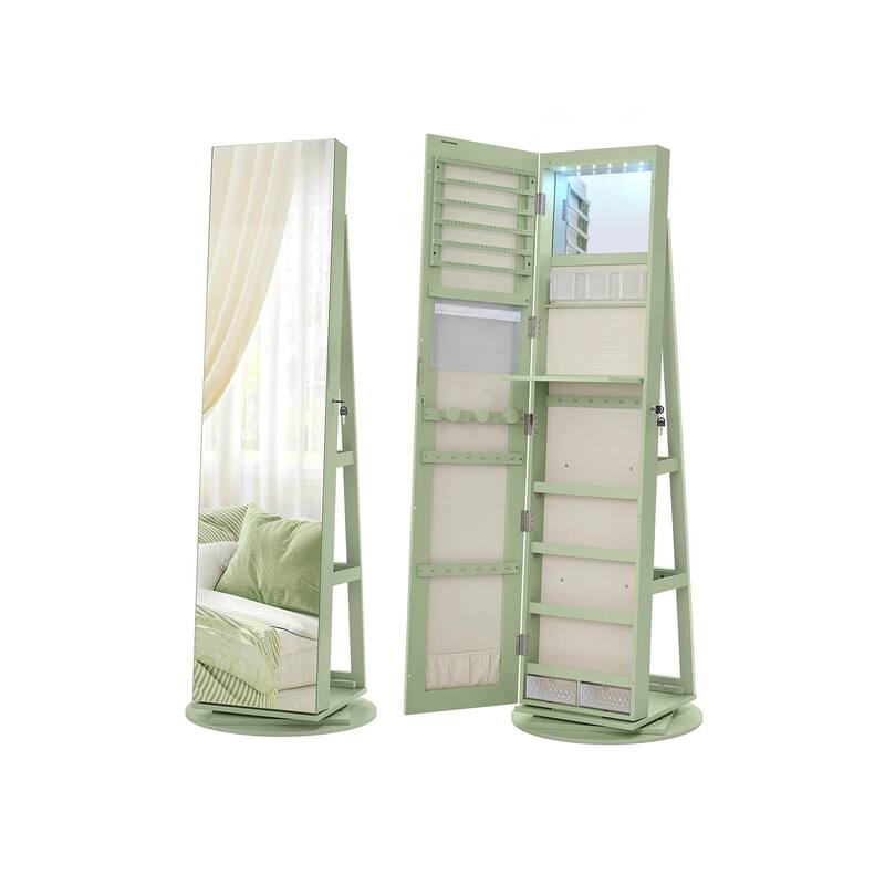 6 LEDs Lockable Mirror Jewelry Cabinet Laurel Green Surface Cream White Lining - Multi