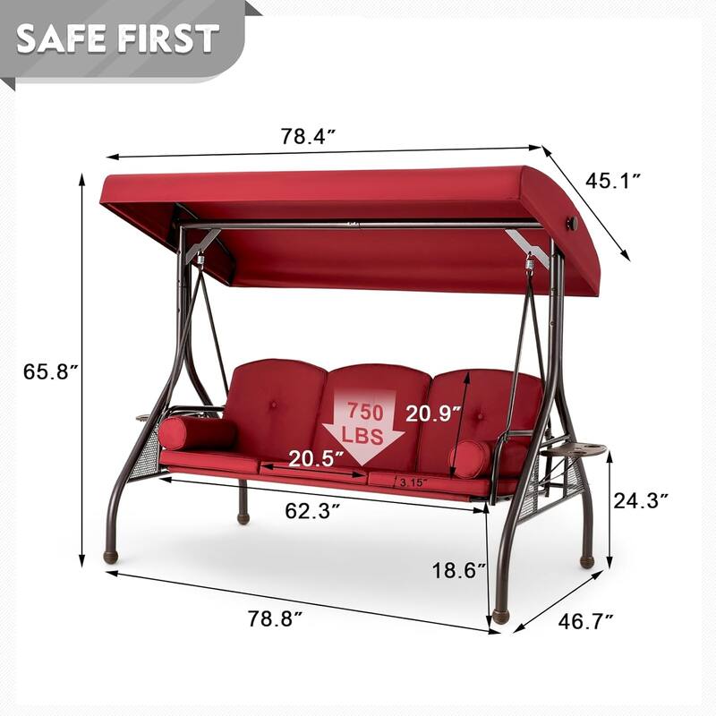 Outdoor 3-Seat Porch Swing with Adjustable Canopy & Cup Holder,Porch Swing Glider Chair, Heavy-Duty Steel Frame