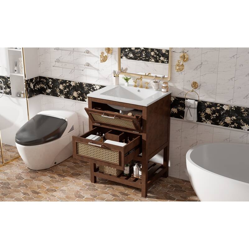 24"Bathroom Vanity with Integrated Ceramic Sink,Bathroom Cabinet with 1 Deep Drawer,1 Tip-Out Drawer,Single Sink Bathroom Vanity