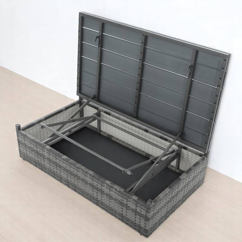 7-Piece Outdoor Rattan Patio Furniture Set, Black PE Wicker Sectional Sofa with Blue Cushions, Tempered Glass Table