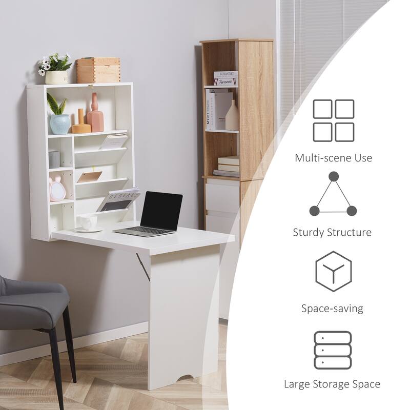 Space-Saving Fold-Out Wall Desk with Multiple Storage Compartments and Adjustable Shelves for Compact Spaces