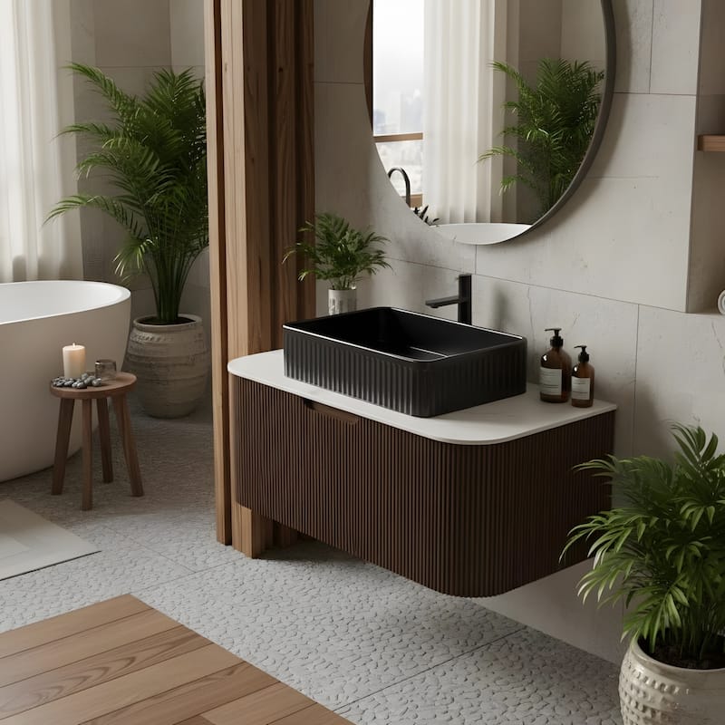 Wall Mounted Bathroom Vanity with Black Rectangular Ceramic Basin