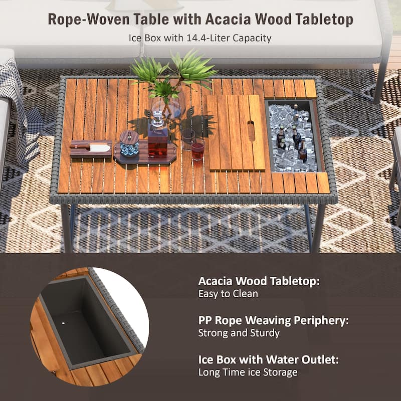 6-Piece Outdoor Patio Rope L-Shaped Sectional Sofa Set with Acacia Wood Table and Ice Box