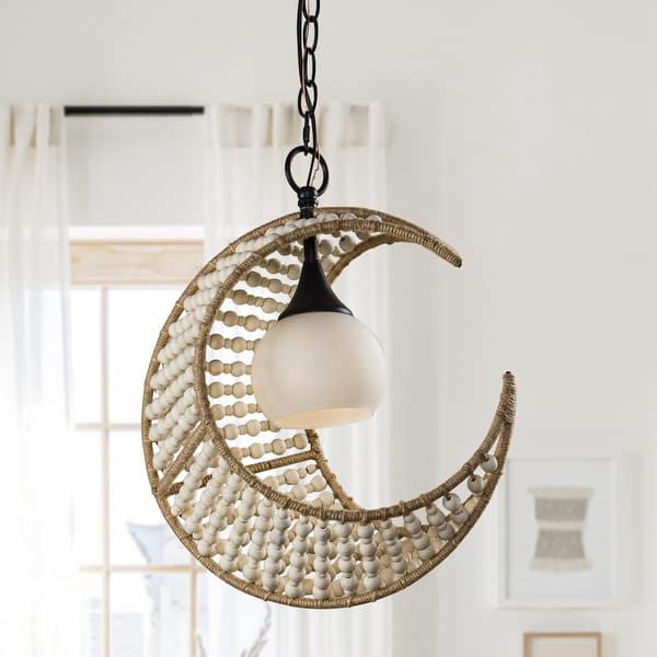 slide 2 of 7, Farmhouse Bohemia Single Light Beaded Crescent Moon Pendant Light - 15-in W 15-in W
