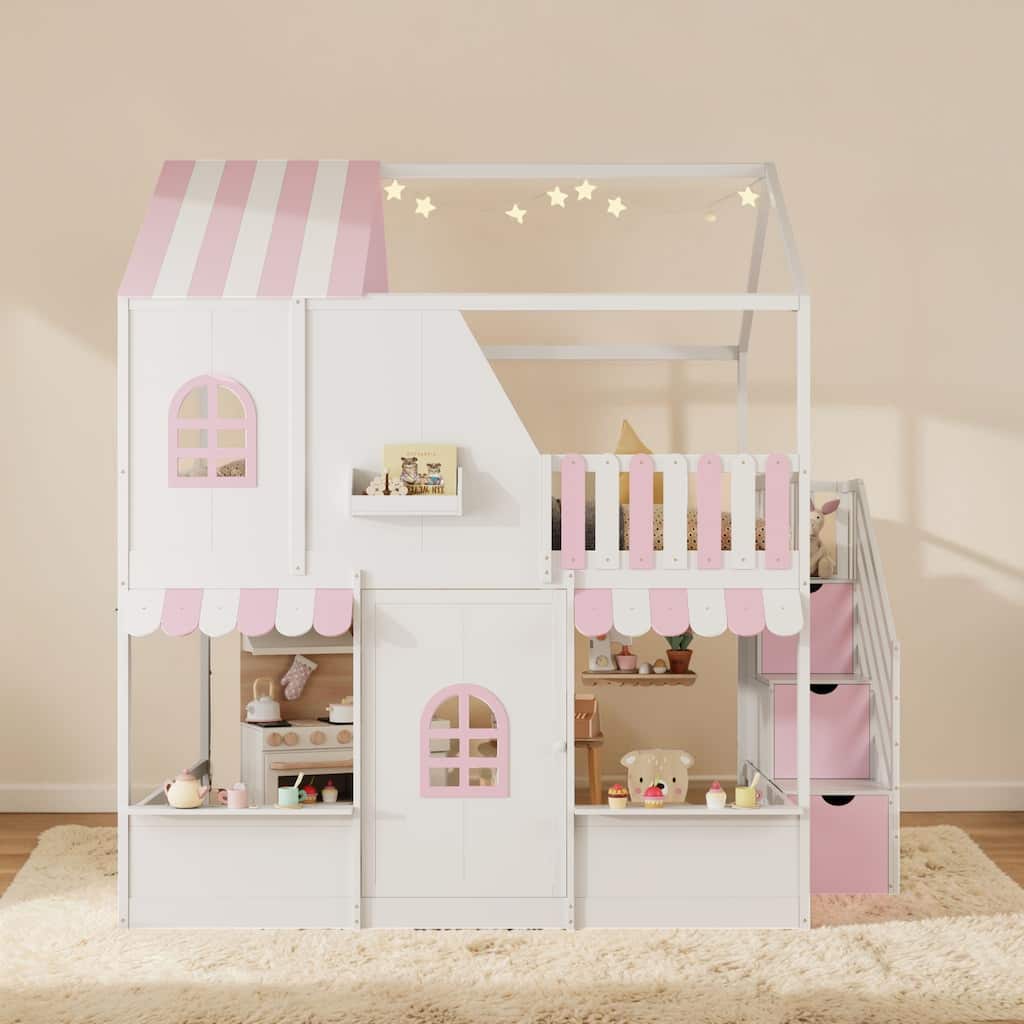 Full Over Full House Bunk Bed with Storage Stairs and Shelves, Wooden Playhouse Bed with Roof