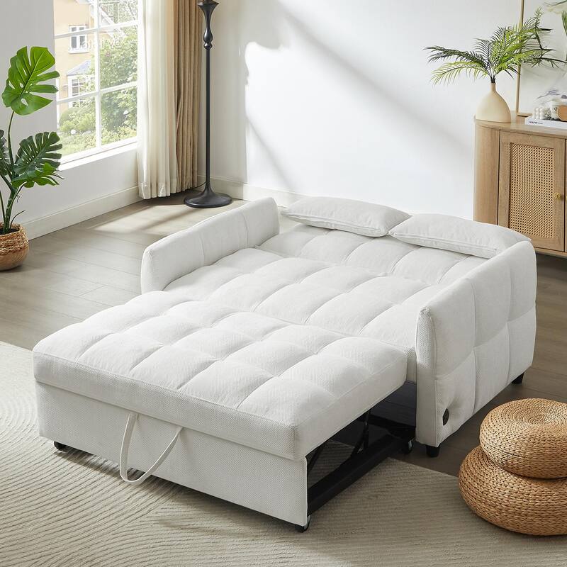 Chenille Loveseat Sofa Pull-out Sofa Bed, Upholstered Futon Sofa Adjustable Backrest Lounge Couch w3 USB Ports & 2 Pillows
