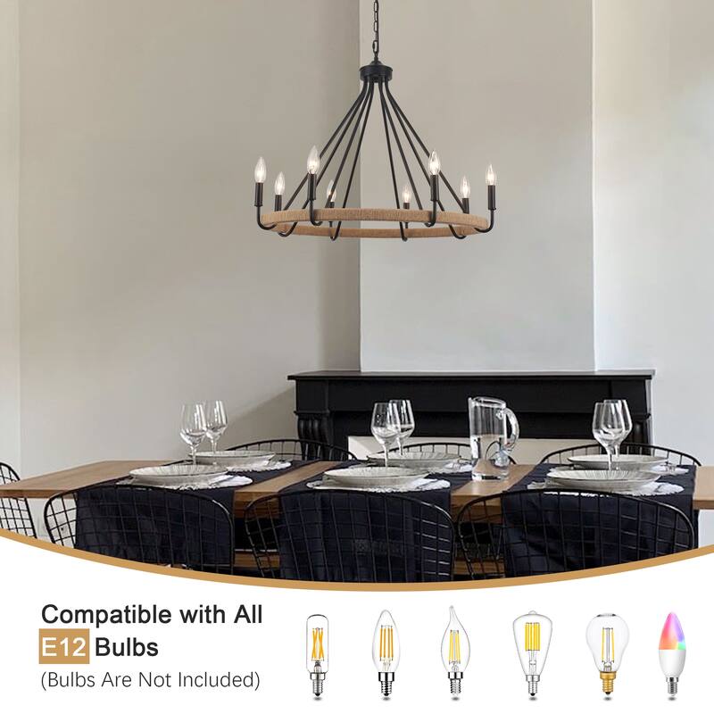 8-Light Hanging Candlestick Wagon Wheel Chandelier Hemp Rope Linear Chandelier Lighting for Kitchen Island