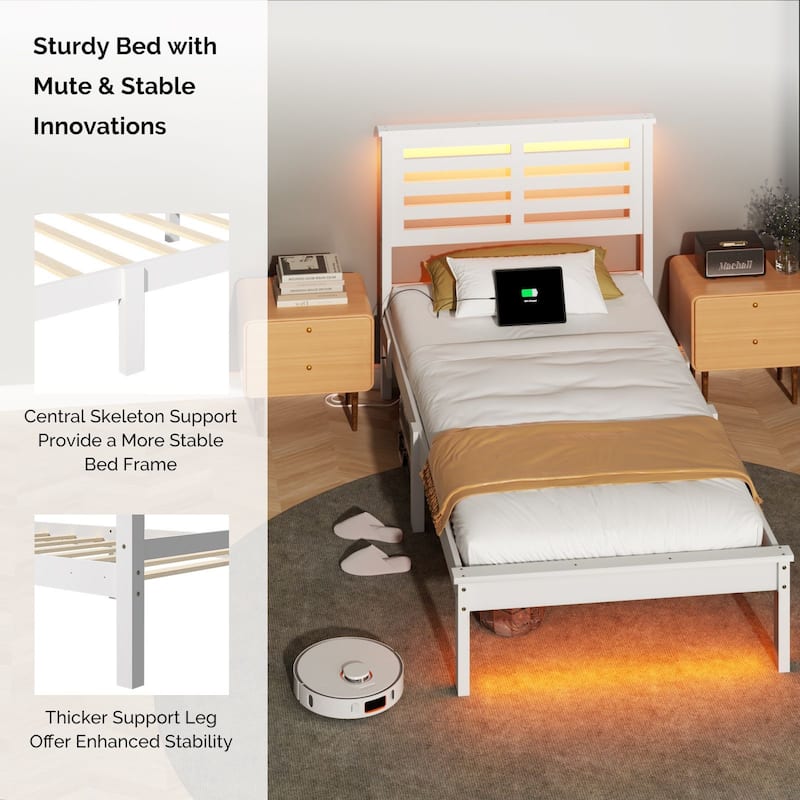 Twin Wood Bed Frame with Charging Station, Lighted Platform Bed, White