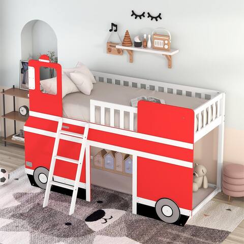 Twin Size Bus Shaped Loft Bed with Underbed Storage Space, Red