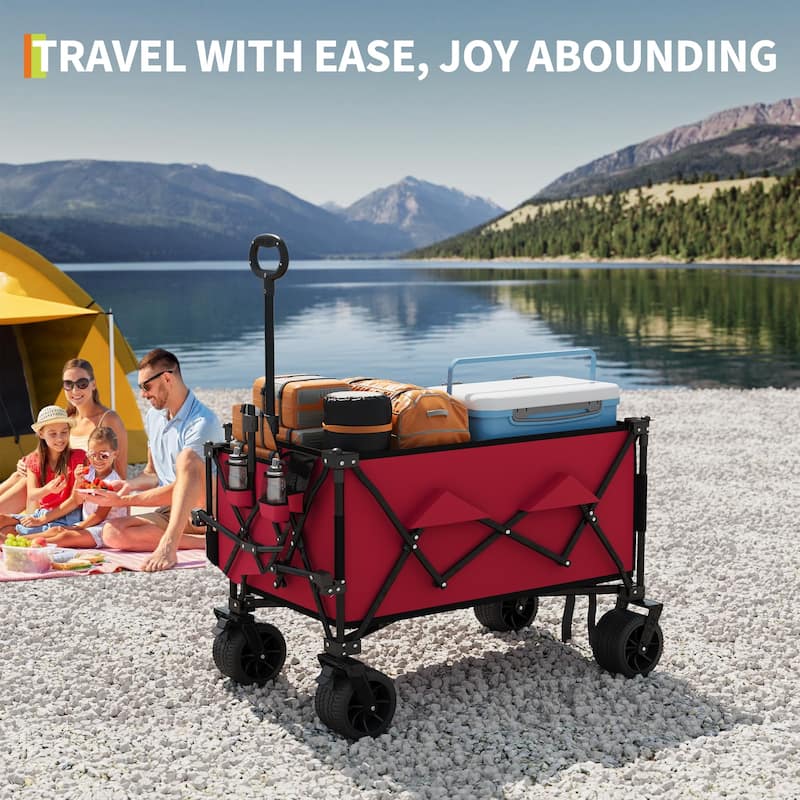 Folding All Terrain Utility Wagon Cart with Wheels and Cup Holders