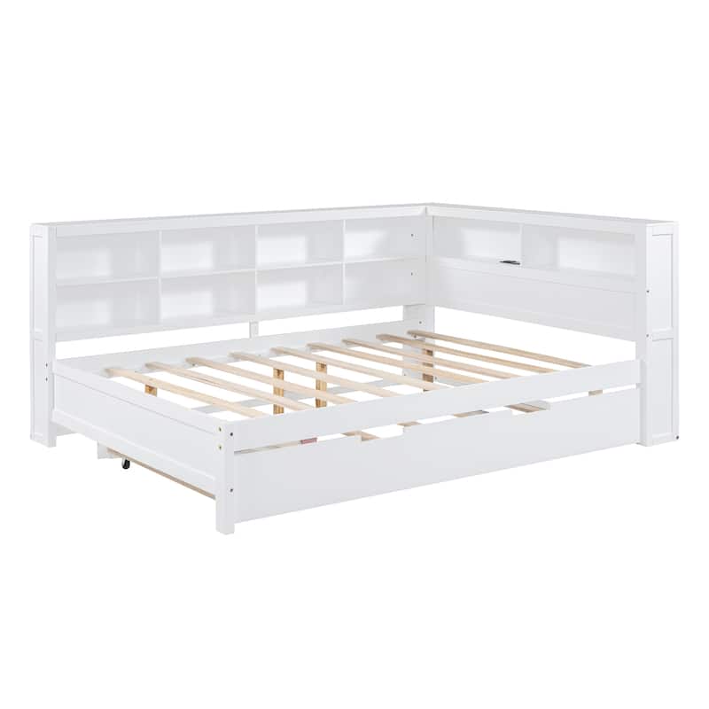 Wooden DayBed Sofa Bed Frame with L-Shape Storage Headboard, Platform Bed Pull-out Trundle Bed, USB Charging Ports