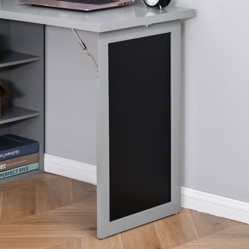 HOMCOM Convertible Folding Desk with Blackboard and Side Shelf Multi-Function Computer Office Workstation