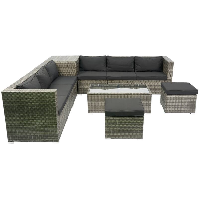 8 Pcs Patio L-Shaped Sectional Sofa Set, Outdoor Wicker Rattan Furniture Set with One Storage Box Under Seat and Coffee Table