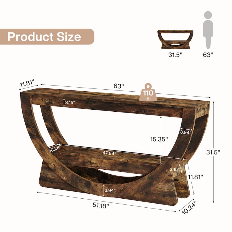63-Inch Arched Console Table for Entryway, 2-Tier Narrow Long Sofa Table - 63" L x 11.81" W x 31.69" H