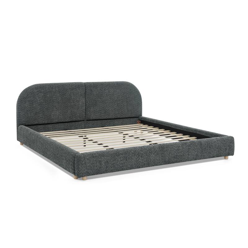 King Size Upholstered Bed Frame, Modern Minimalist Style with Tall Curved Headboard, Premium Circle Yarn Fabric