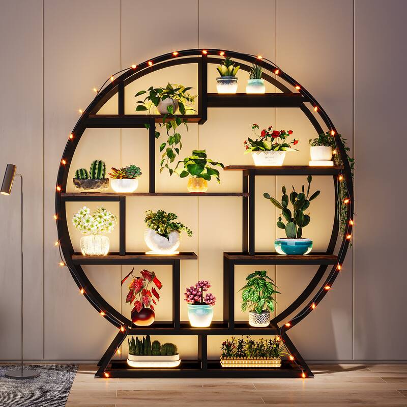 Industrial Round Bookshelf with 14 Shelving Units, Retro Organizer Rack Display Shelf - 59.06" L x 11.81" W x 62.99" H