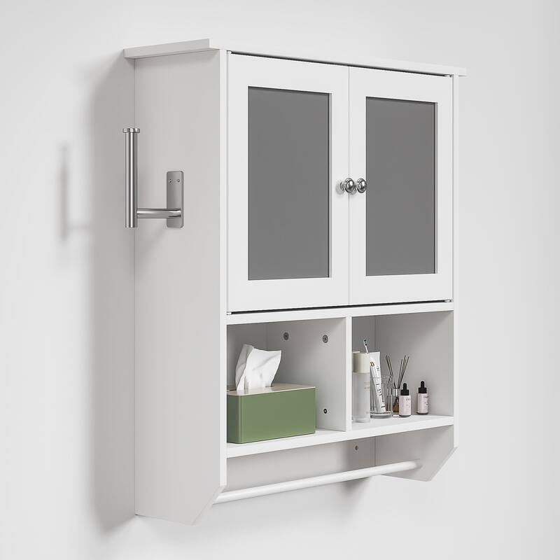 VECELO White Double Door LED Mirror Medicine Cabinet with Adjustable Shelves Tempered Glass Wall Mounted Bathroom Cabinet