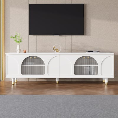 Modern TV Stand with Fluted Glass Doors for 78" TVs, Adjustable Shelves & Gold Handles