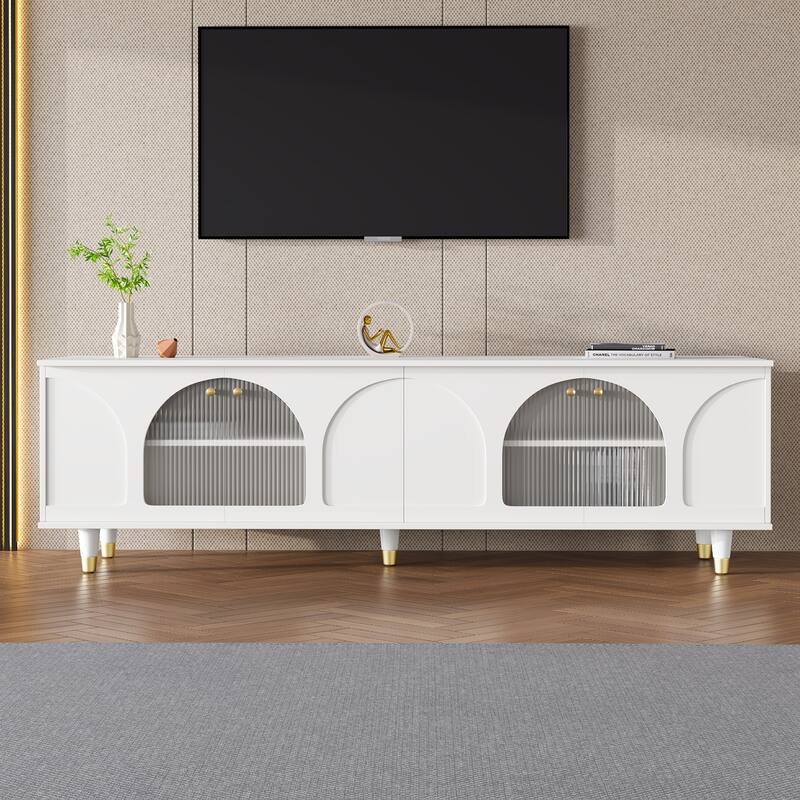 Stylish Media Console TV Stand with Adjustable Shelves, Gold Handles & Arch Fluted Glass, Fits TVs Up to 78''